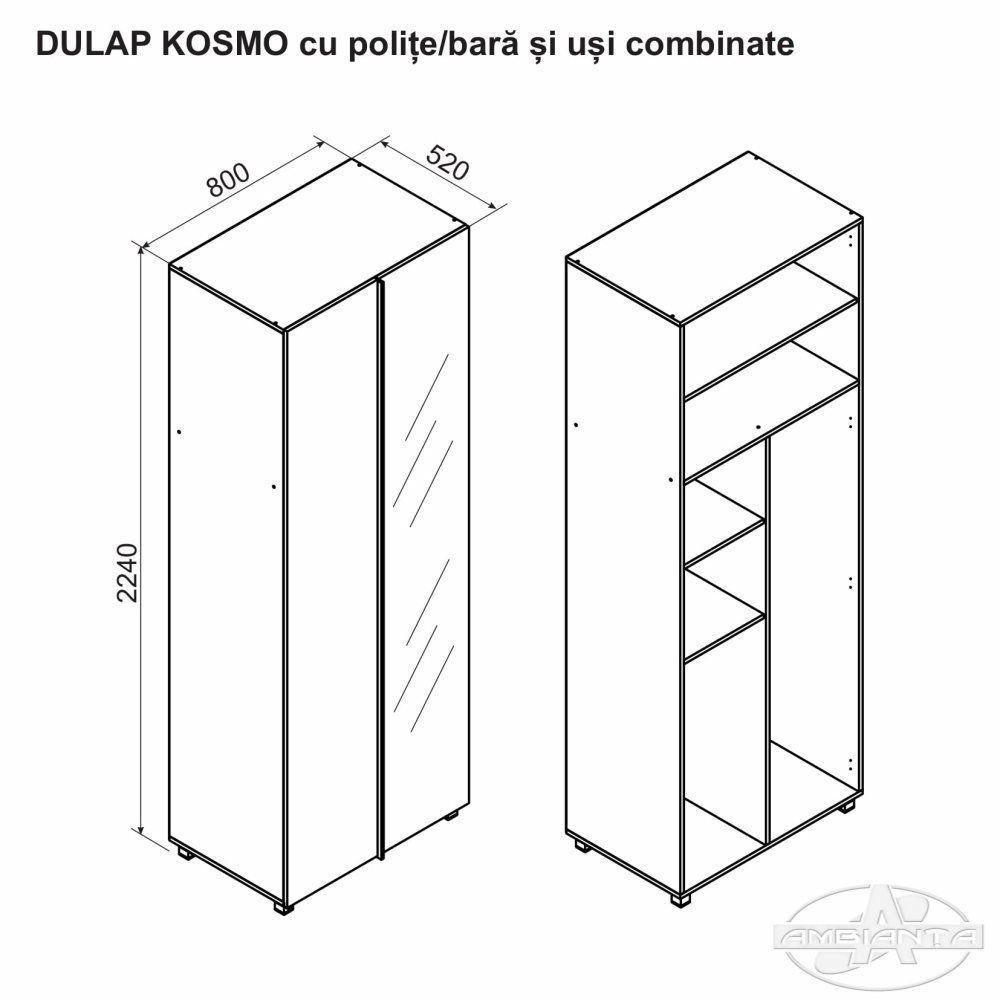 Dulap KOSMO cu polițe/bară și uși combinate 0.8 m — Artisan — Crem