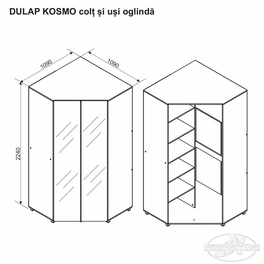 Dulap KOSMO colț și uși oglindă 0.8 m — Artisan — Crem