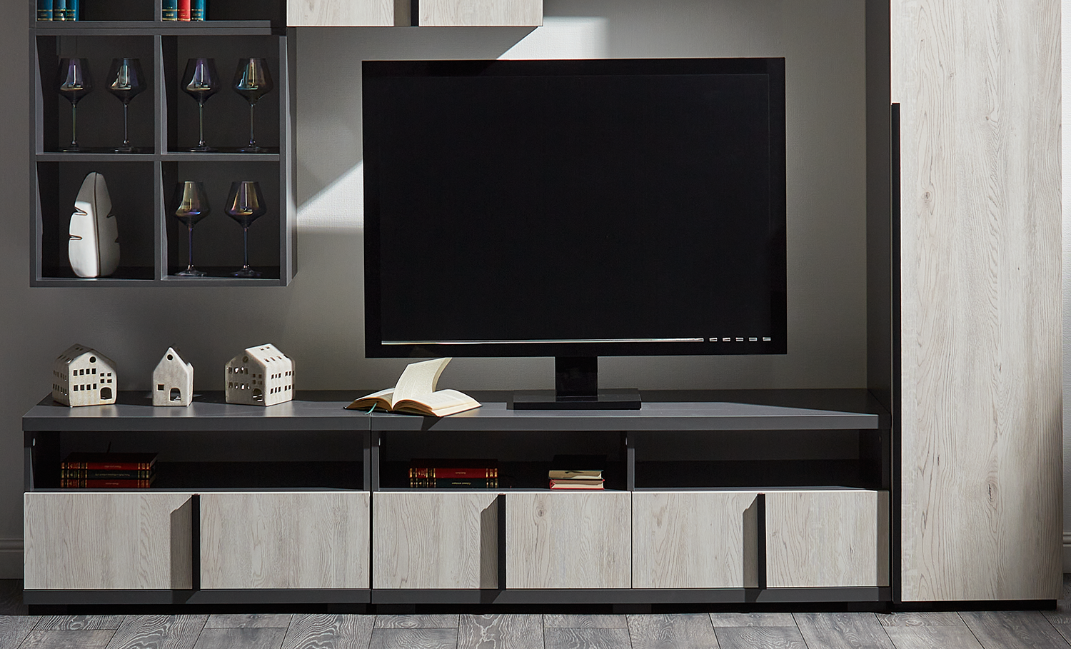Living DUET comoda TV 0.8 m — Gri — Alb Samoa